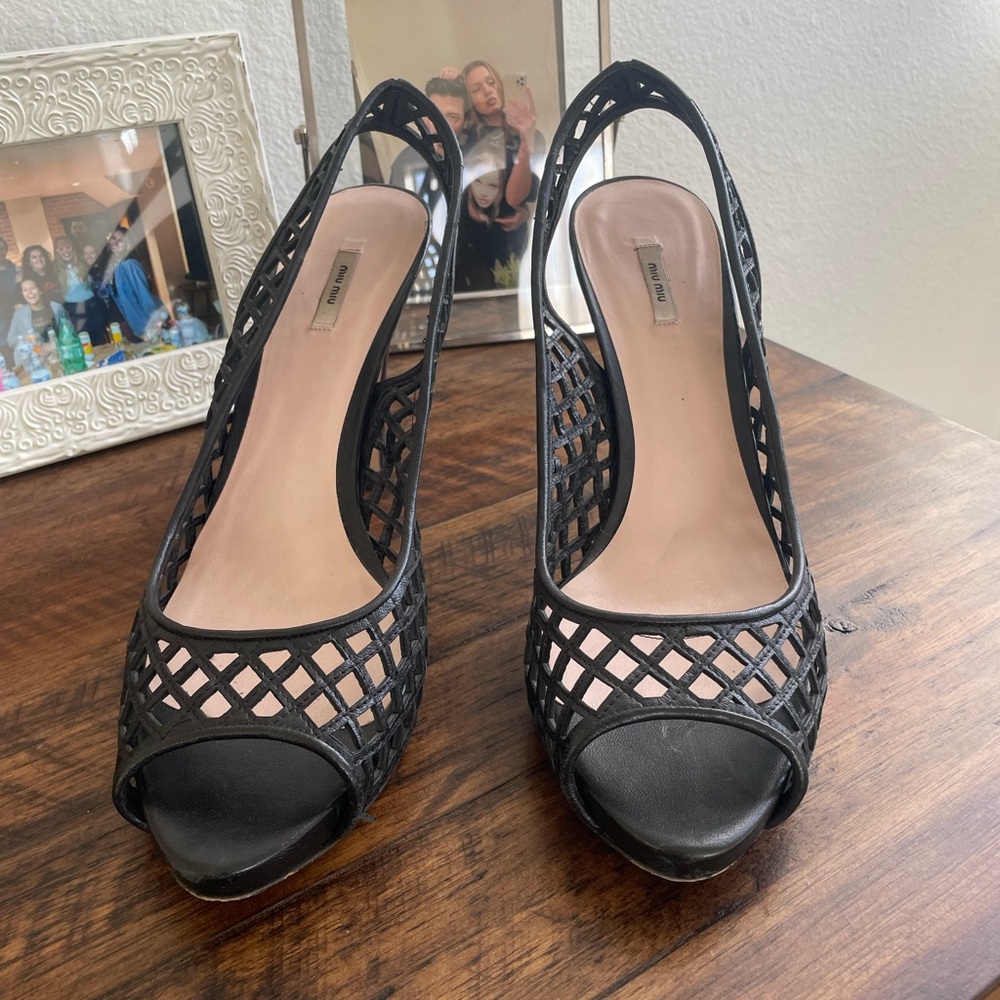 miu miu black lace fishnet heels